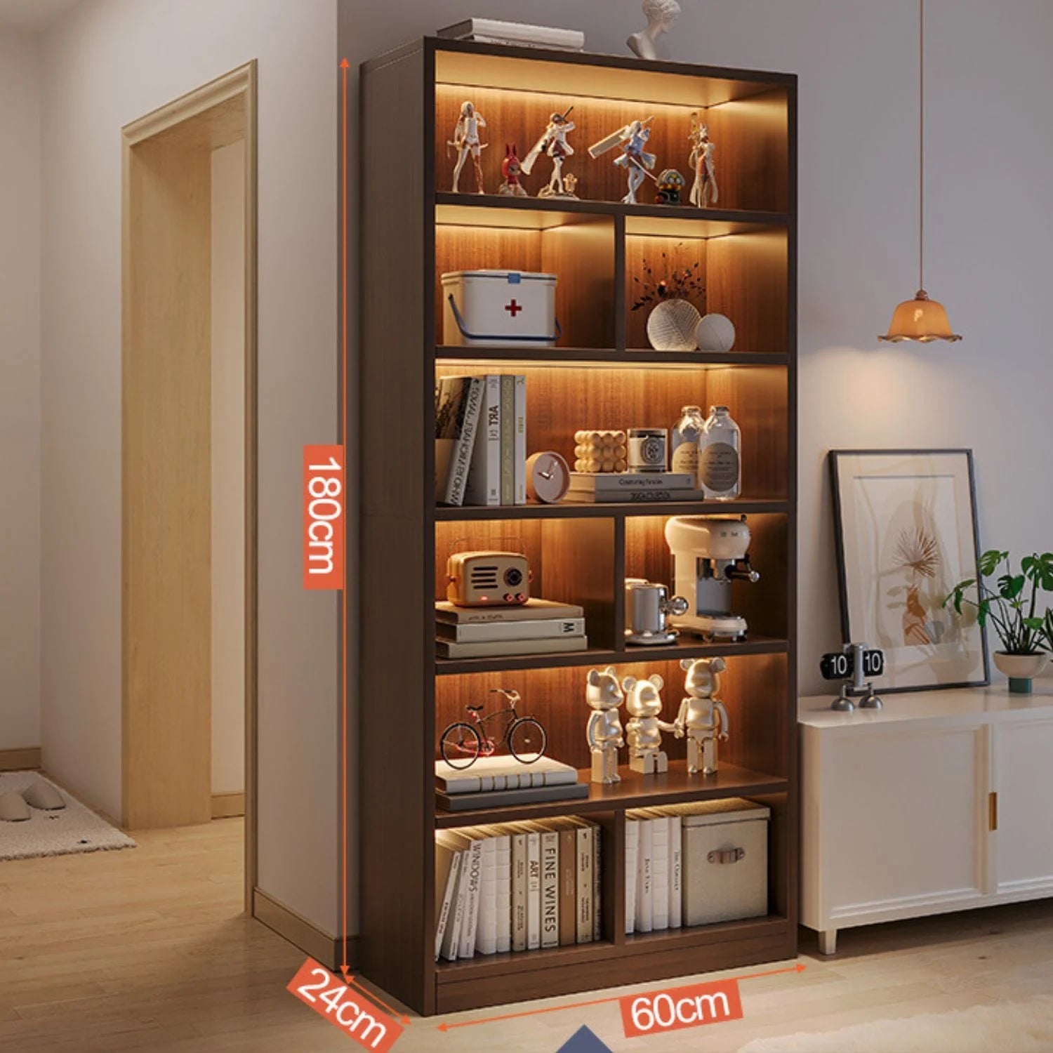 Bibliotecă cu 6 rafturi deschise, cadru lemn – stejar negru, 180x60x24 cm