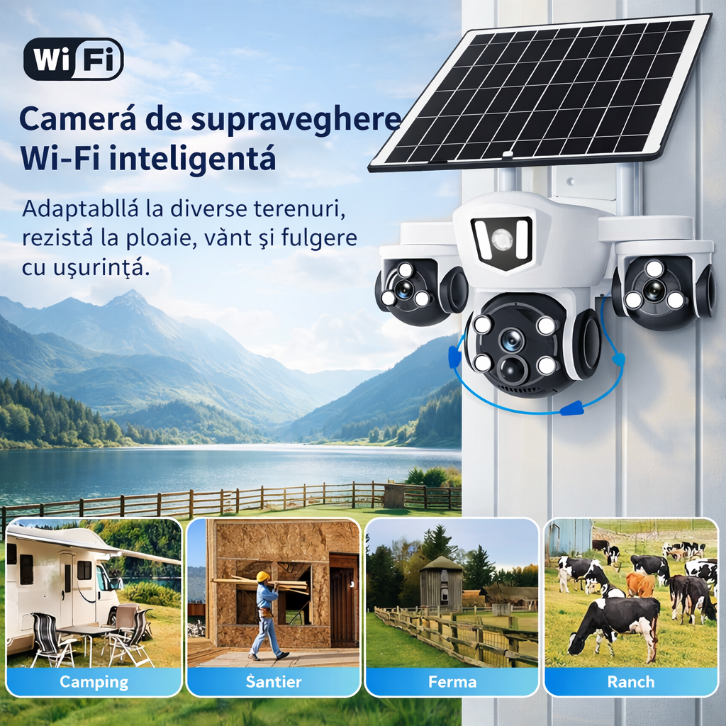Camera Supraveghere Tripla 6MP Cu Panou Solar | 4G | Vedere Nocturna Color | Detectie Miscare | PTZ 355° | Cu Acumulator Si Card Inclus