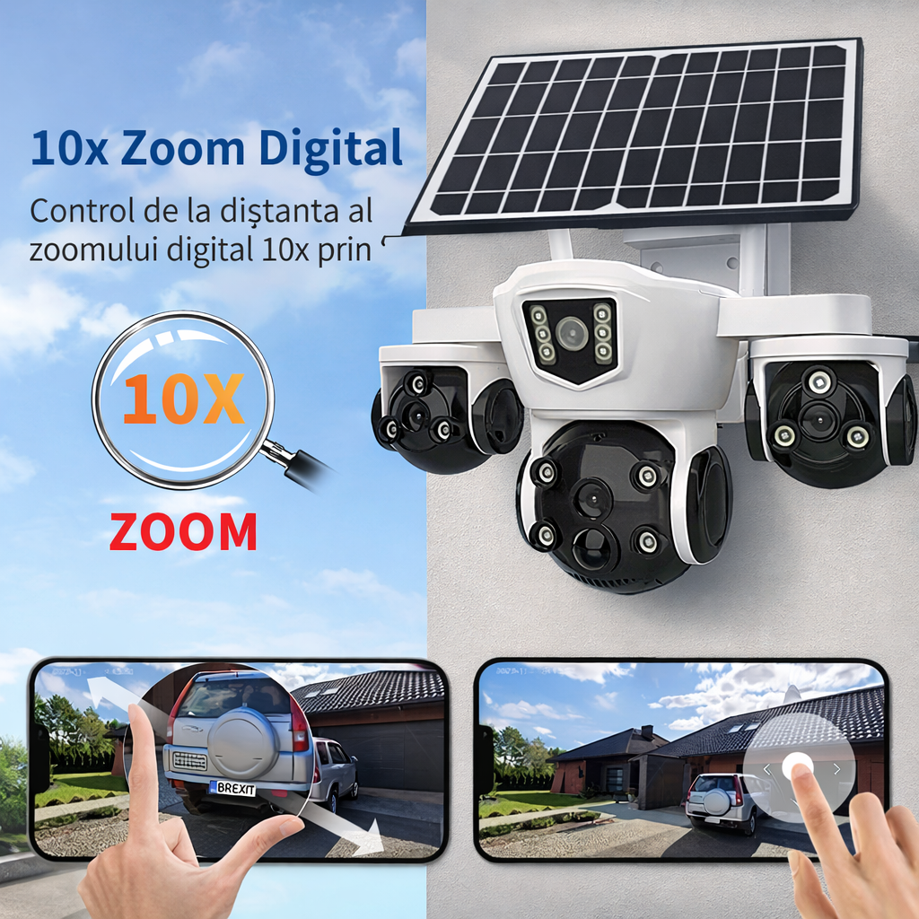 Camera Supraveghere Tripla 6MP Cu Panou Solar | 4G | Vedere Nocturna Color | Detectie Miscare | PTZ 355° | Cu Acumulator Si Card Inclus