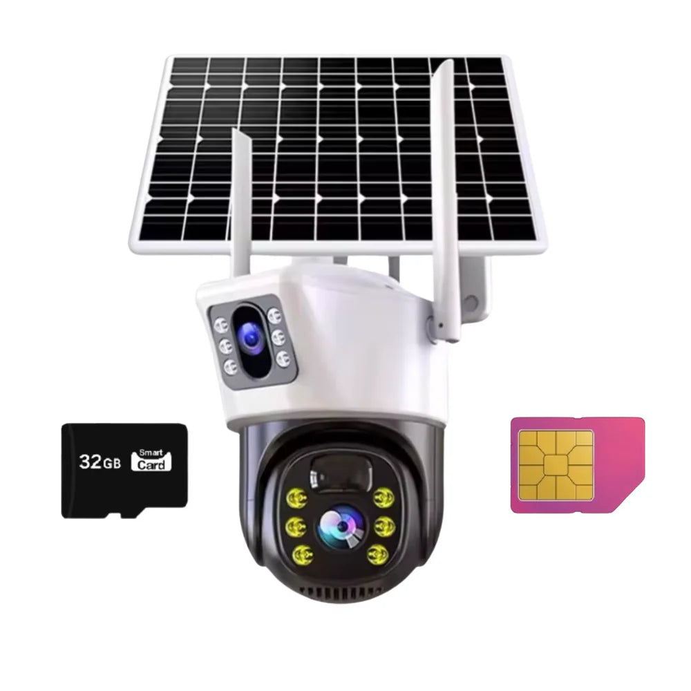 Camera Supraveghere 4G Dubla cu Panou Solar, Ultra HD, Dual Camera 6MP, Incarcare Solara, Rotire Din Aplicatie, Infrarosu, Microfon si Difuzor, Card 32GB Inclus