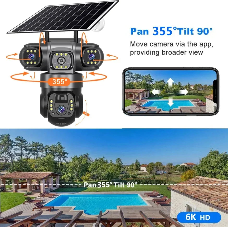 Camera de Supraveghere 4G cu Panou Solar, 3 lentile, PTZ 355°, Zoom 10X, Detectie Umana, Vedere Nocturna, IP66, Card 32GB inclus