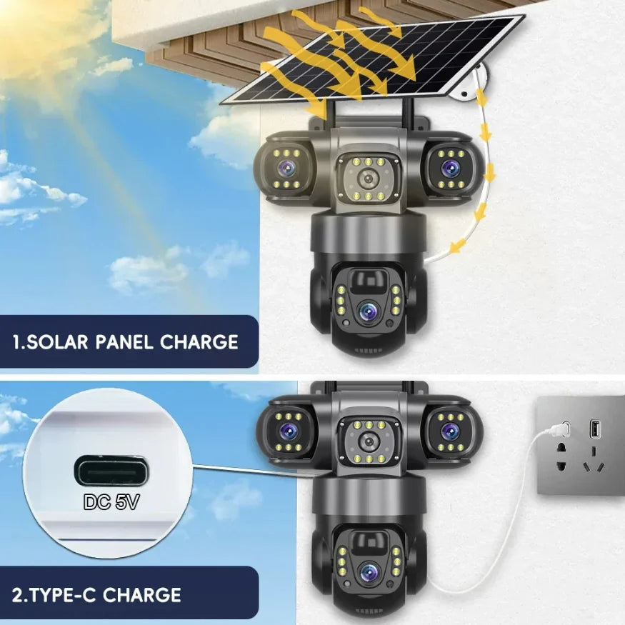 Camera de Supraveghere 4G cu Panou Solar, 3 lentile, PTZ 355°, Zoom 10X, Detectie Umana, Vedere Nocturna, IP66, Card 32GB inclus