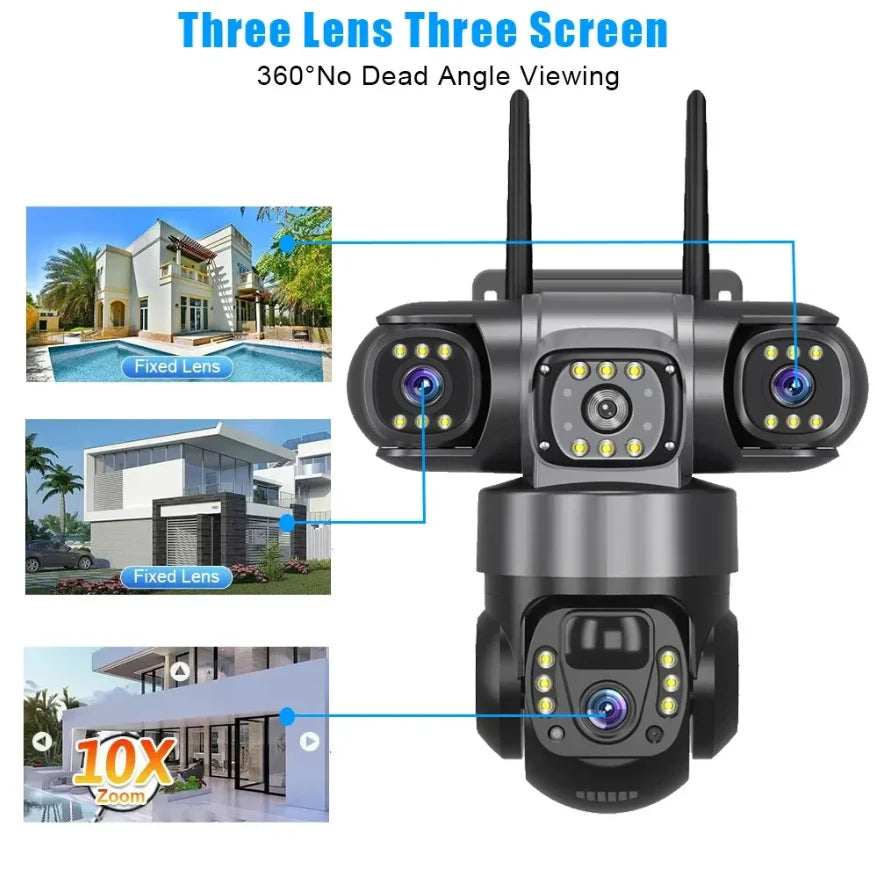 Camera de Supraveghere 4G cu Panou Solar, 3 lentile, PTZ 355°, Zoom 10X, Detectie Umana, Vedere Nocturna, IP66, Card 32GB inclus