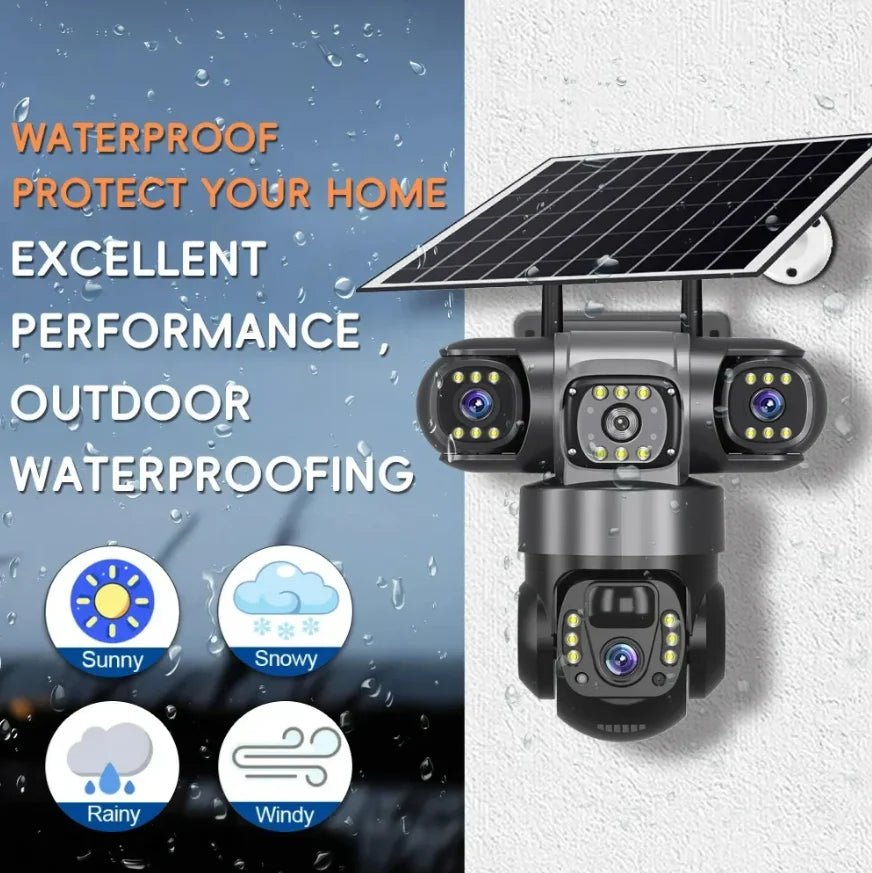 Camera de Supraveghere 4G cu Panou Solar, 3 lentile, PTZ 355°, Zoom 10X, Detectie Umana, Vedere Nocturna, IP66, Card 32GB inclus