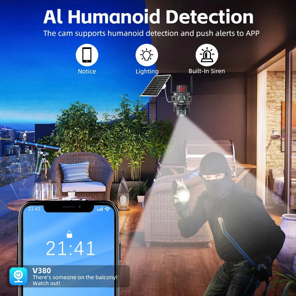 Camera de Supraveghere 4G cu Panou Solar, Lentila Rotativa si Fixa, 6MP Full HD, Detectie Umana AI, Night Vision 30m, Zoom 10X