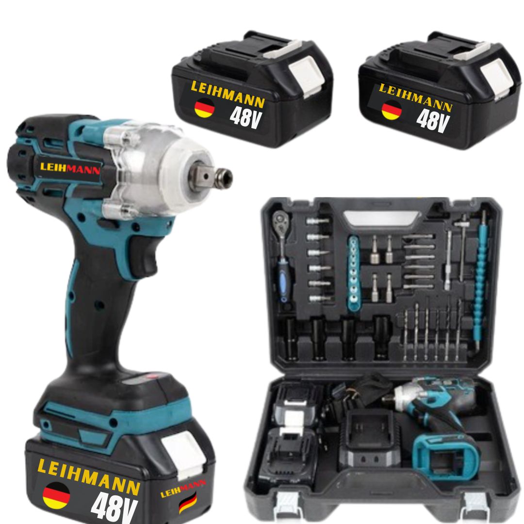 Cheie de Impact- Masina de Insurubat Leihmann, 550Nm, 43 de Accesorii, 2 Acumulatori 48V si Valiza de transport inclusa