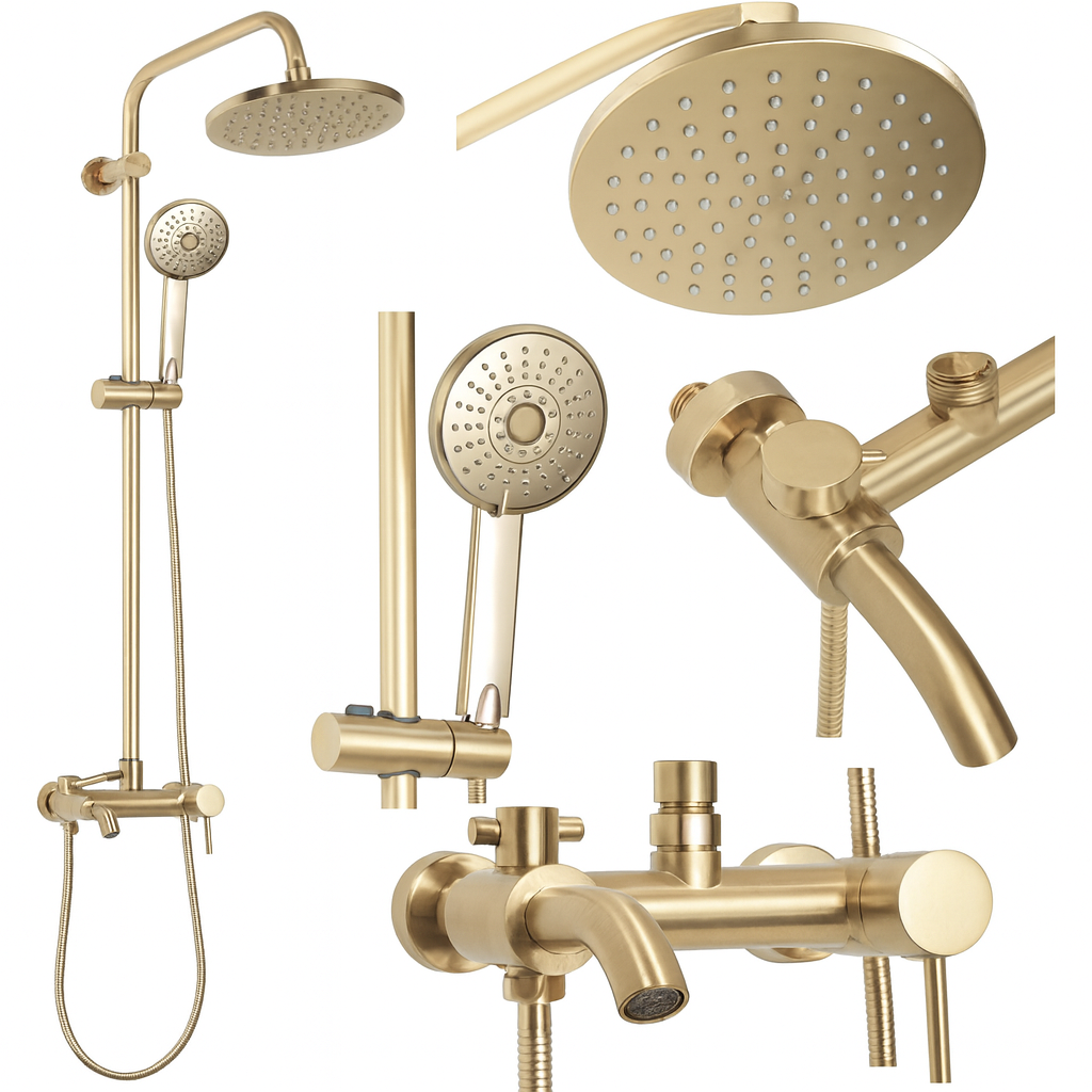 Coloana de Dus Premium Gold Brush efect ploaie 3 functii baterie monocomanda montaj pe perete