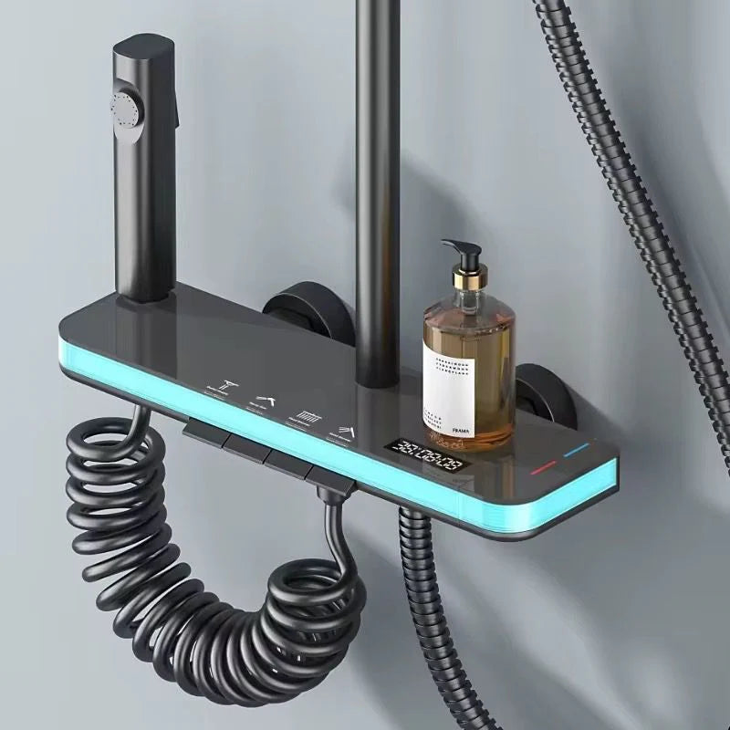 Coloana de dus multifunctionala cu para fixa, dus de mana, baterie digitala si suport pentru produse