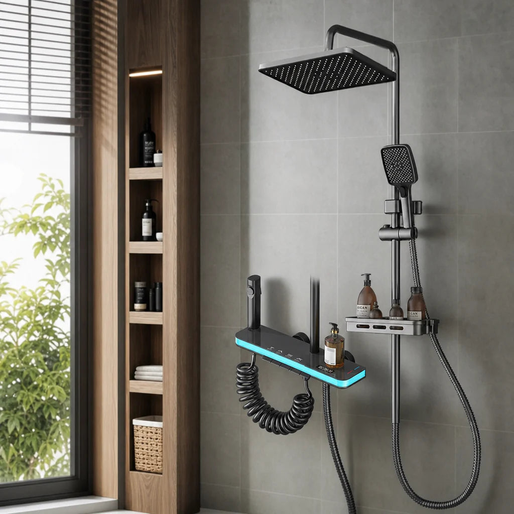 Coloana de dus multifunctionala cu para fixa, dus de mana, baterie digitala si suport pentru produse