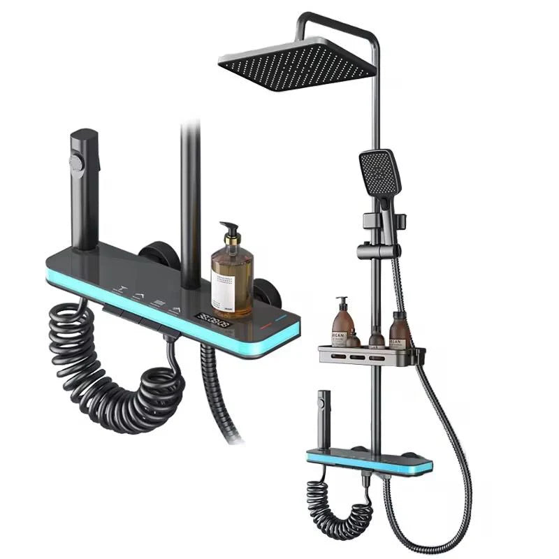 Coloana de dus multifunctionala cu para fixa, dus de mana, baterie digitala si suport pentru produse