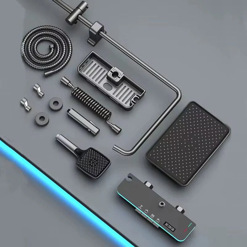 Coloana de dus multifunctionala cu para fixa, dus de mana, baterie digitala si suport pentru produse