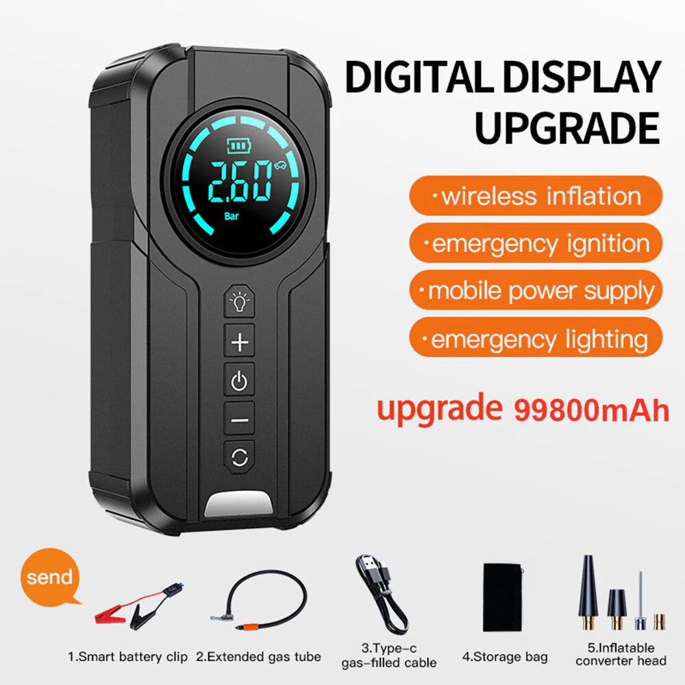 Compresor auto multifunctional 5 in 1 cu pornire urgenta, afisaj digital si baterie externa