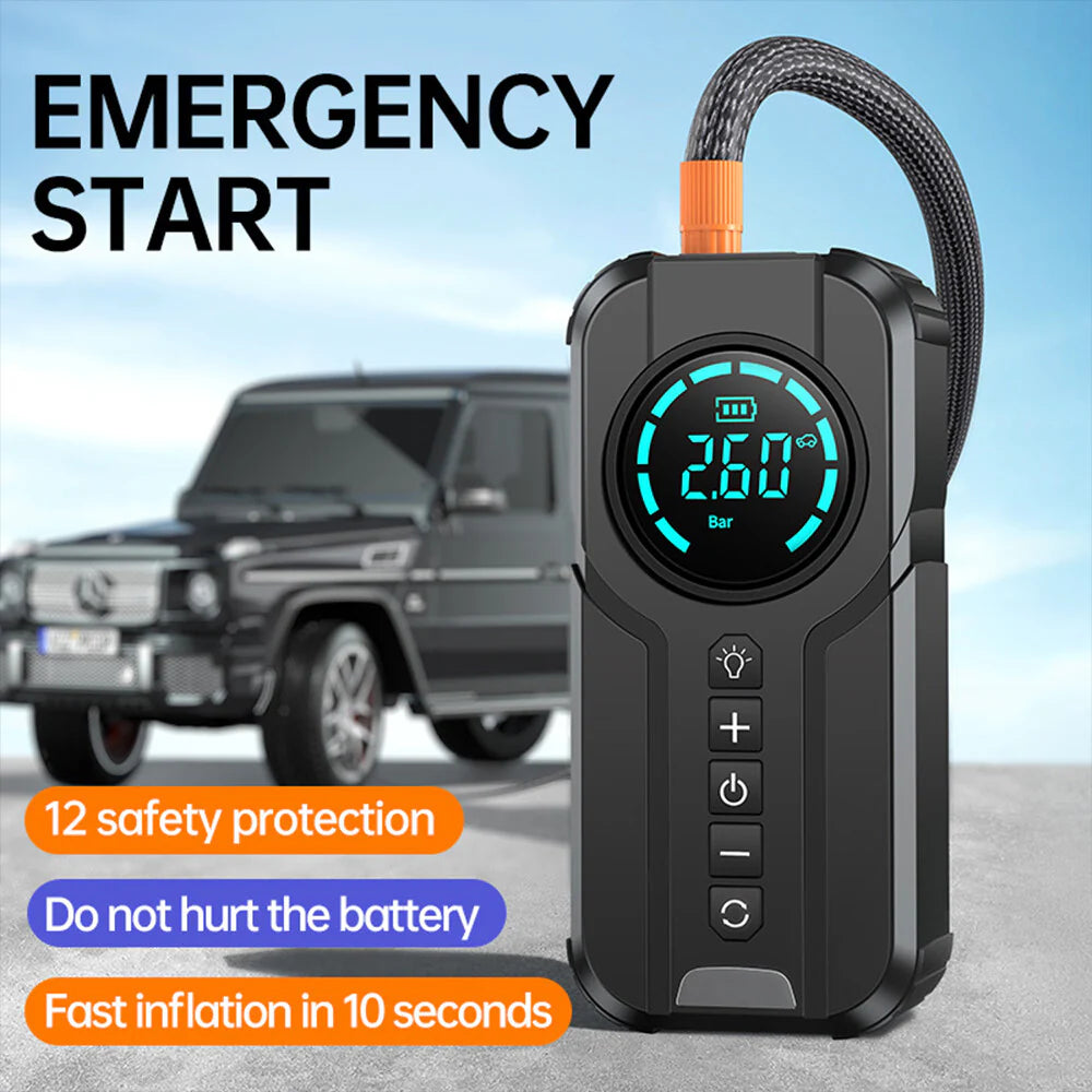 Compresor auto multifunctional 5 in 1 cu pornire urgenta, afisaj digital si baterie externa