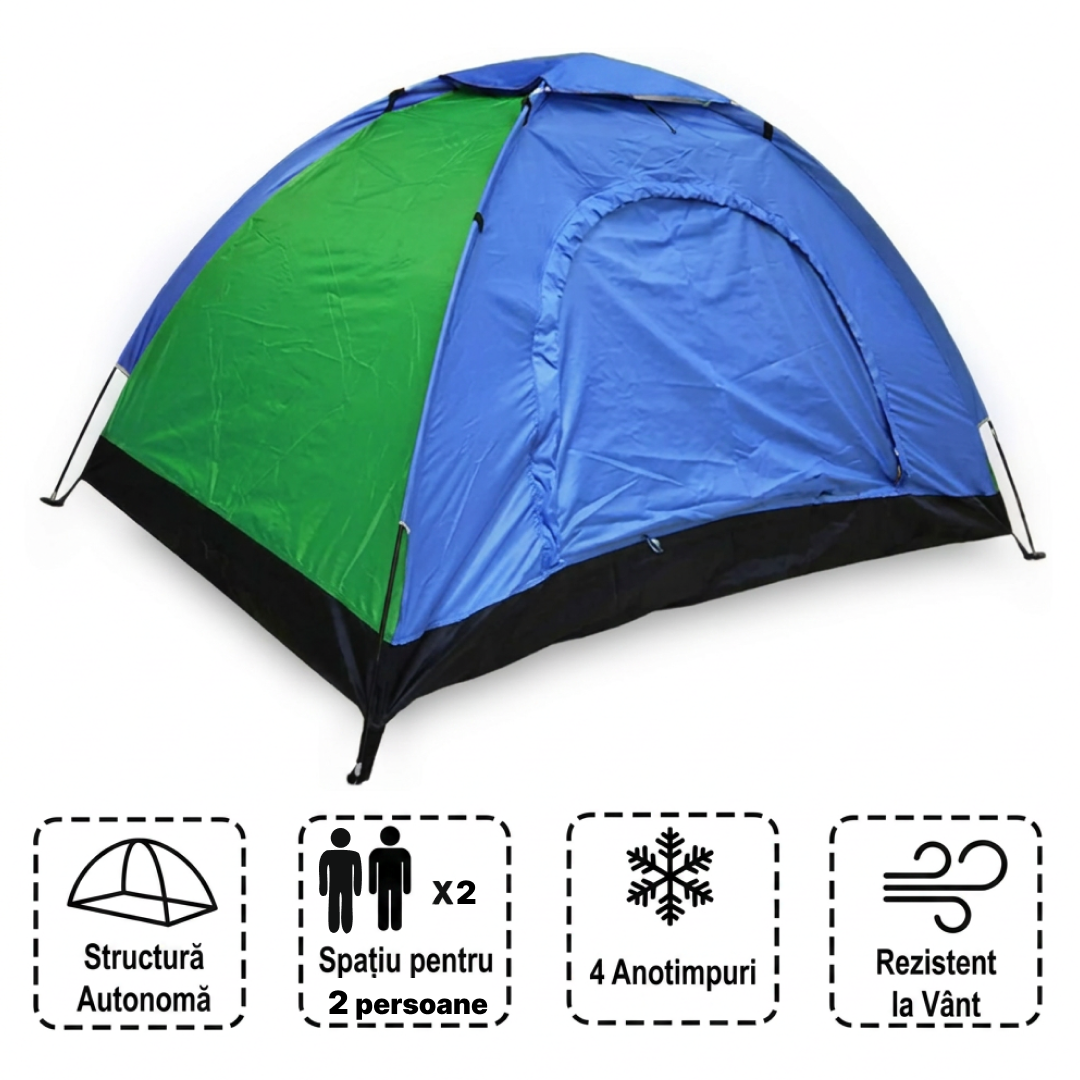 Cort Camping 2 Persoane 200x120x110cm | Poliester 170T Impermeabil | Filtru UV | Plasa Anti-Tantari | Ventilatie Superioara | Ancore Incluse