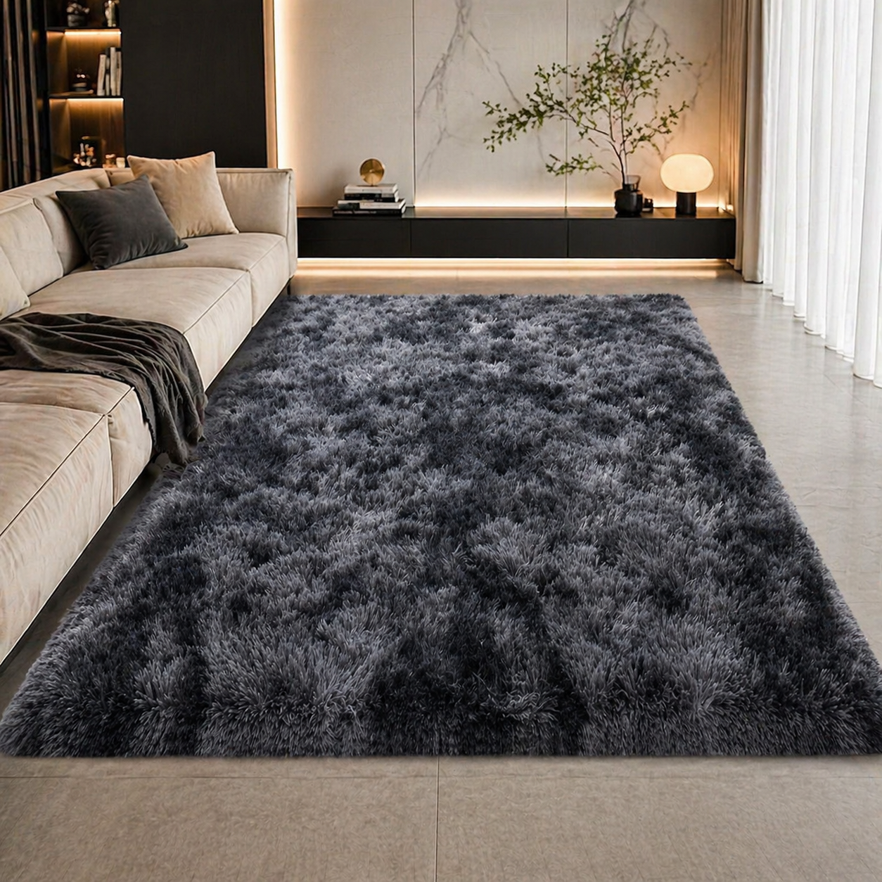 Covor pufos 150x200 cm gri sau bej antiderapant poliester fir lung lux living dormitor