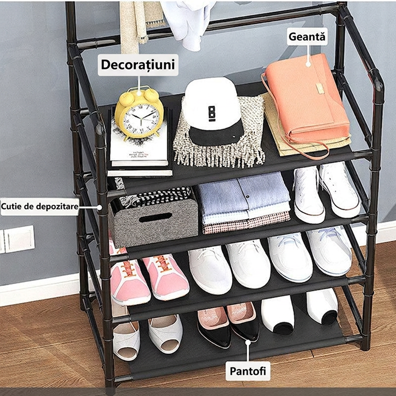 Cuier Haine cu Suport Pantofi | 5 Rafturi | 80 cm Latime | Design Modern | Organizator Hol si Dressing
