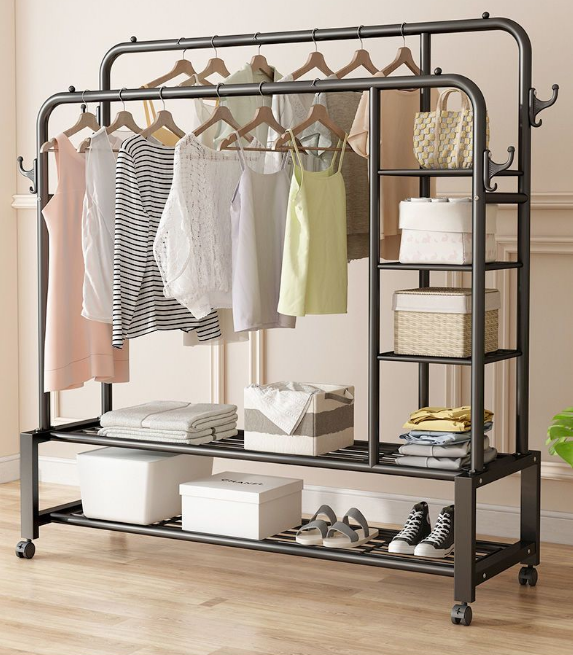 Cuier haine cu 2 suport pantofi, 5 rafturi, 135 x 50 x 162 cm