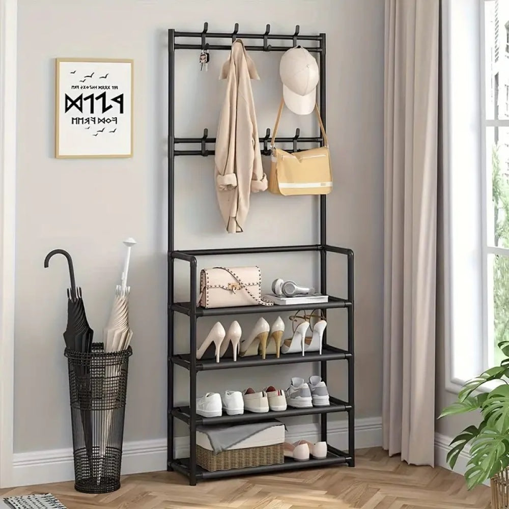 Cuier pentru haine cu suport pantofi, 4 rafturi, plastic