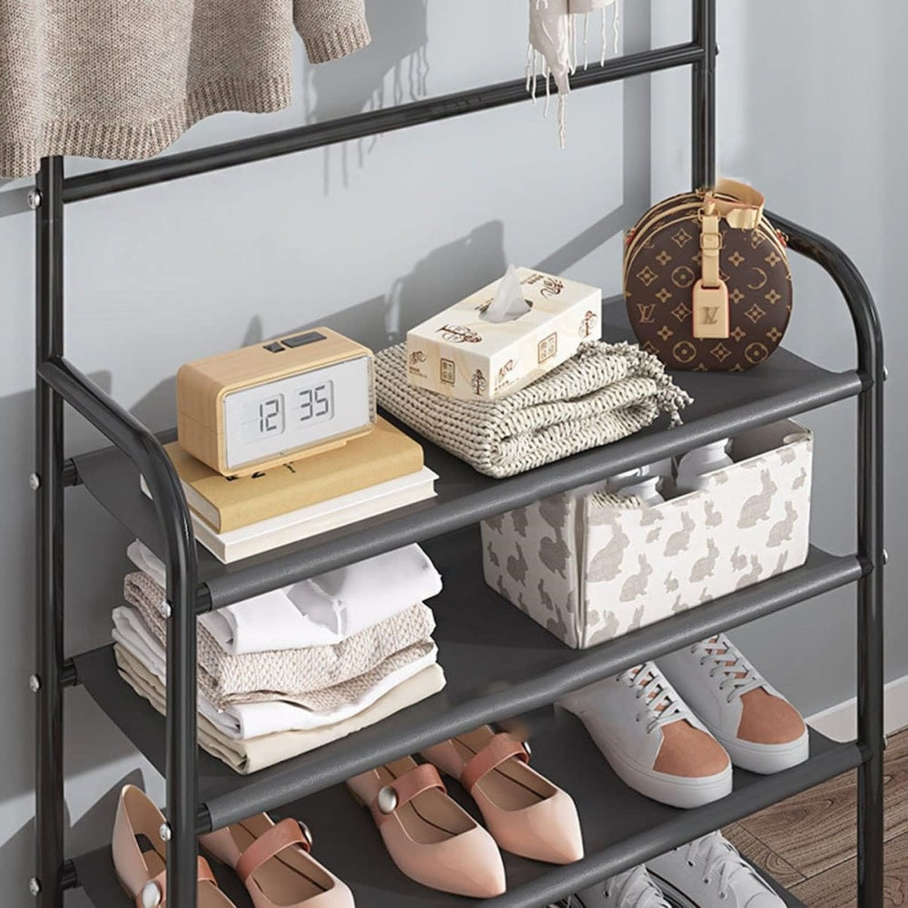 Cuier pentru haine cu suport pantofi, 4 rafturi, plastic