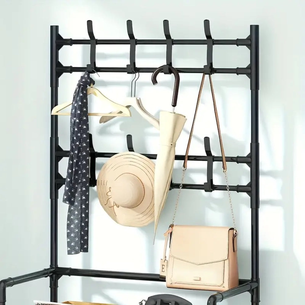 Cuier pentru haine cu suport pantofi, 4 rafturi, plastic