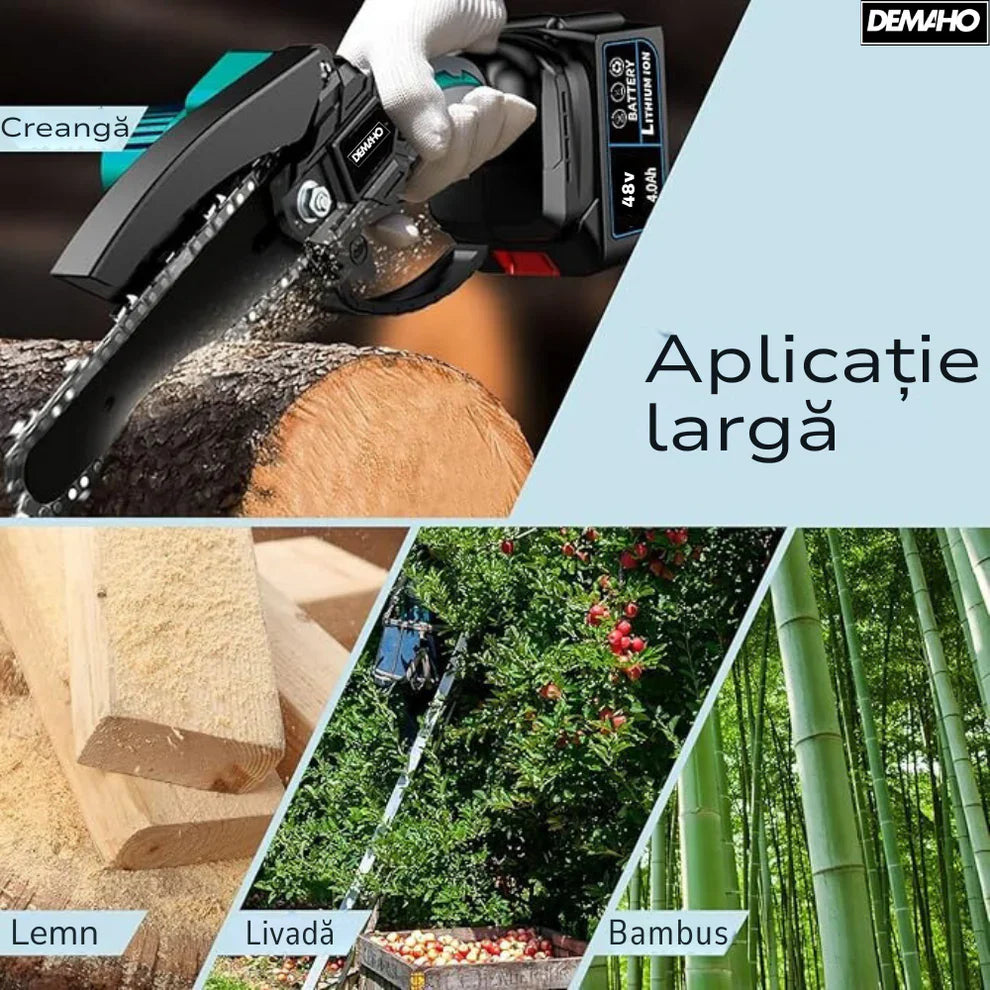 Drujba Fierastrau cu 2 Acumulator 48V, lama 6 inch/15 cm, 2 lanturi, fara fir, portabil