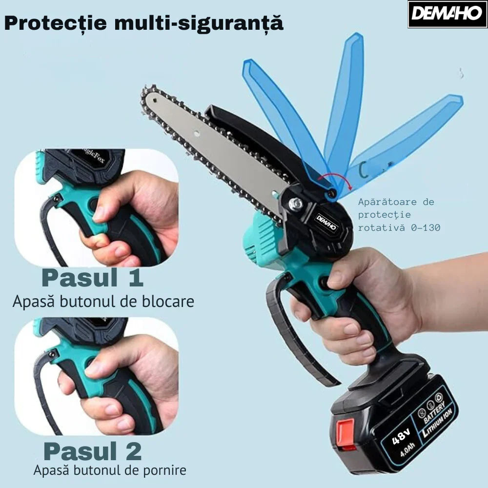 Drujba Fierastrau cu 2 Acumulator 48V, lama 6 inch/15 cm, 2 lanturi, fara fir, portabil