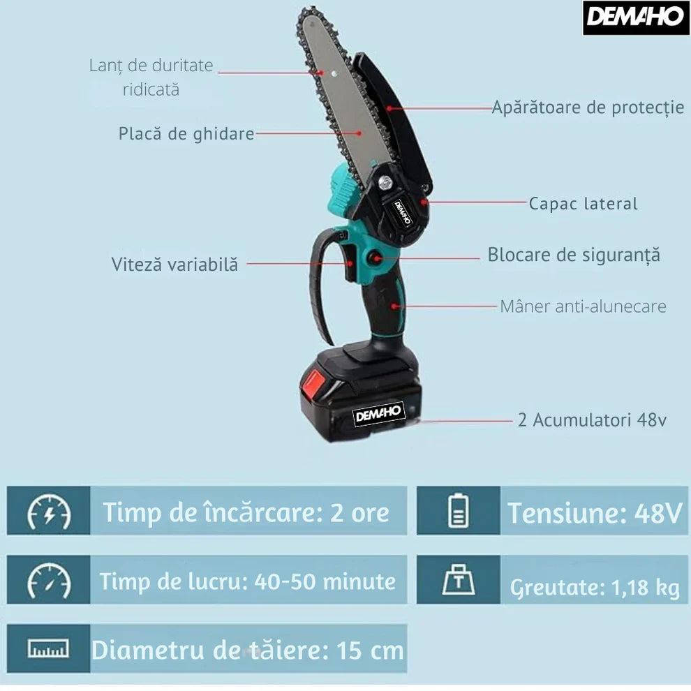 Drujba Fierastrau cu 2 Acumulator 48V, lama 6 inch/15 cm, 2 lanturi, fara fir, portabil