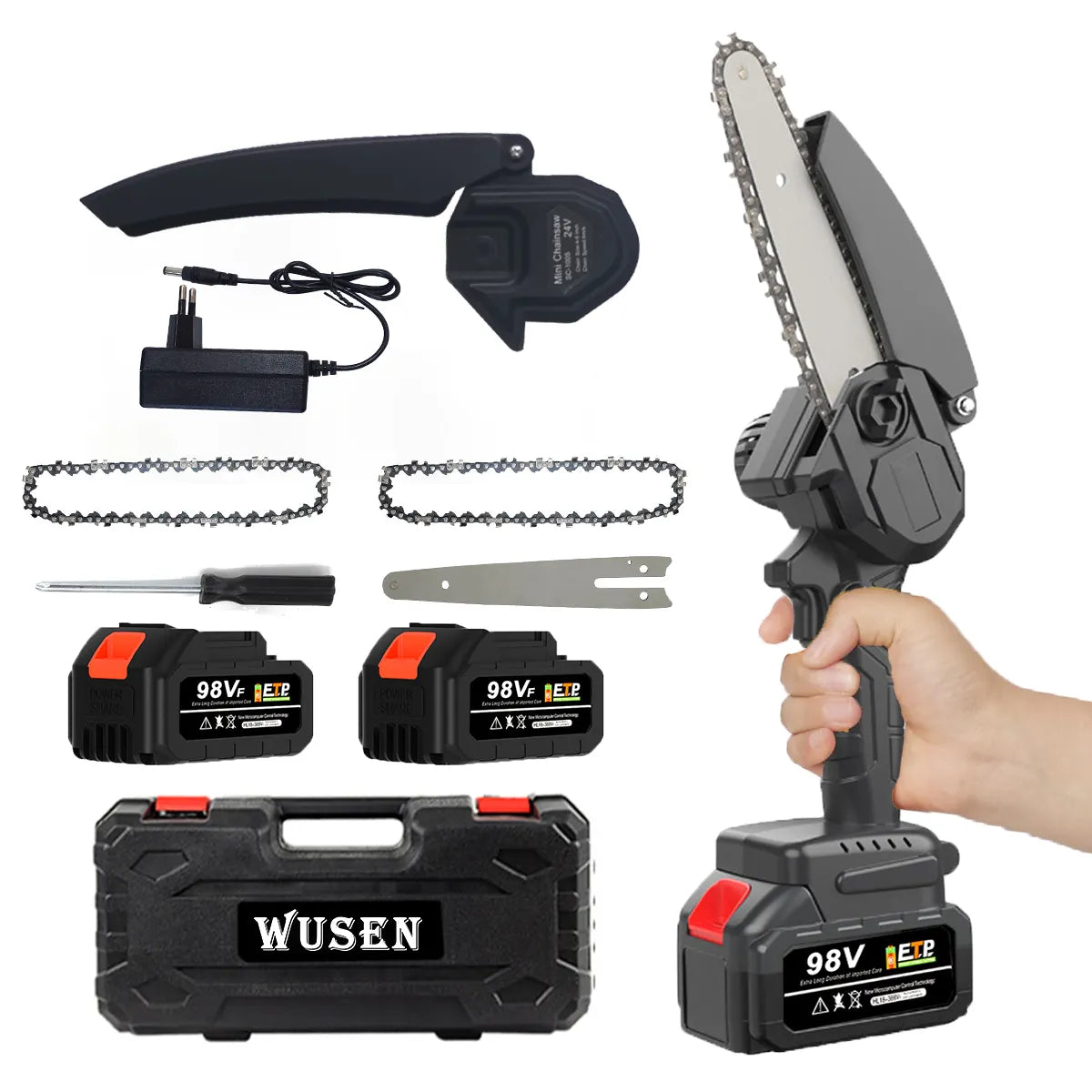 Drujba Fierastrau cu 2 Acumulator 48V, lama 6 inch/15 cm, 2 lanturi, fara fir, portabil