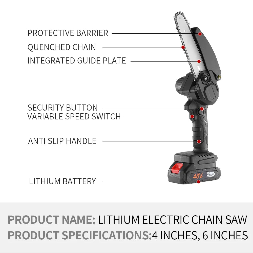 Drujba Fierastrau cu 2 Acumulator 48V, lama 6 inch/15 cm, 2 lanturi, fara fir, portabil