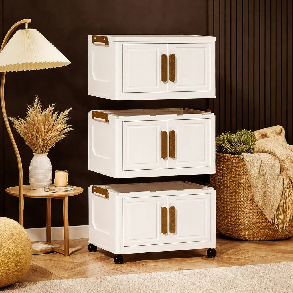 Dulap depozitare pliabil cu usi si roti, organizator multifunctional cu 3, 4 sau 5 rafturi, crem 45 cm