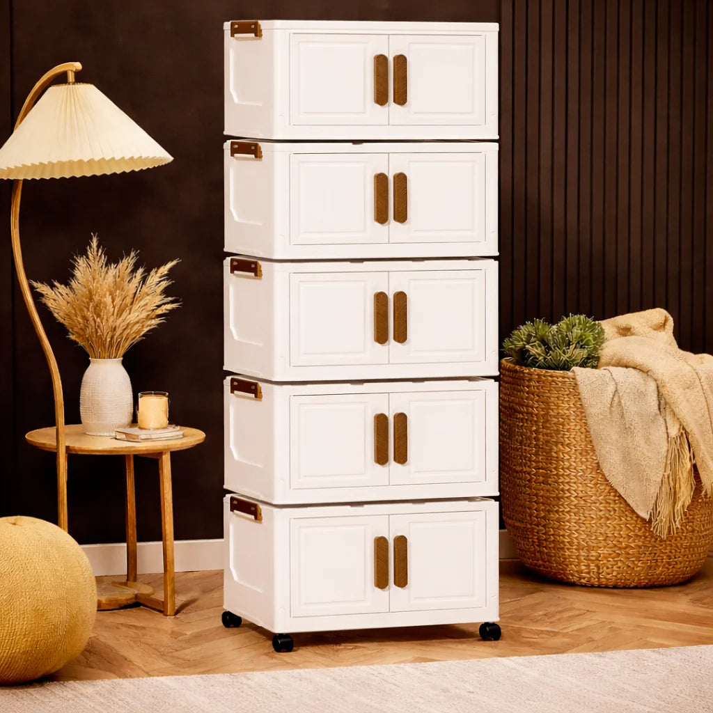 Dulap depozitare pliabil cu usi si roti, organizator multifunctional cu 3, 4 sau 5 rafturi, crem 45 cm