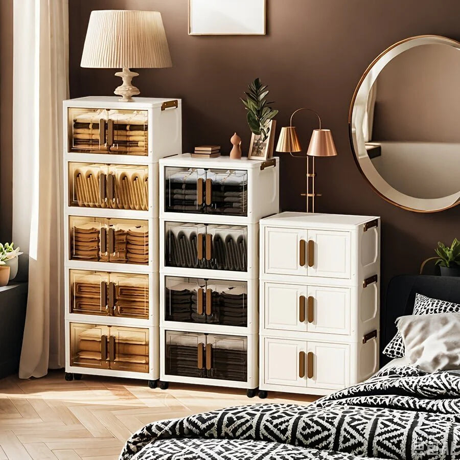 Dulap depozitare pliabil cu usi si roti, organizator multifunctional cu 3, 4 sau 5 rafturi, crem 45 cm