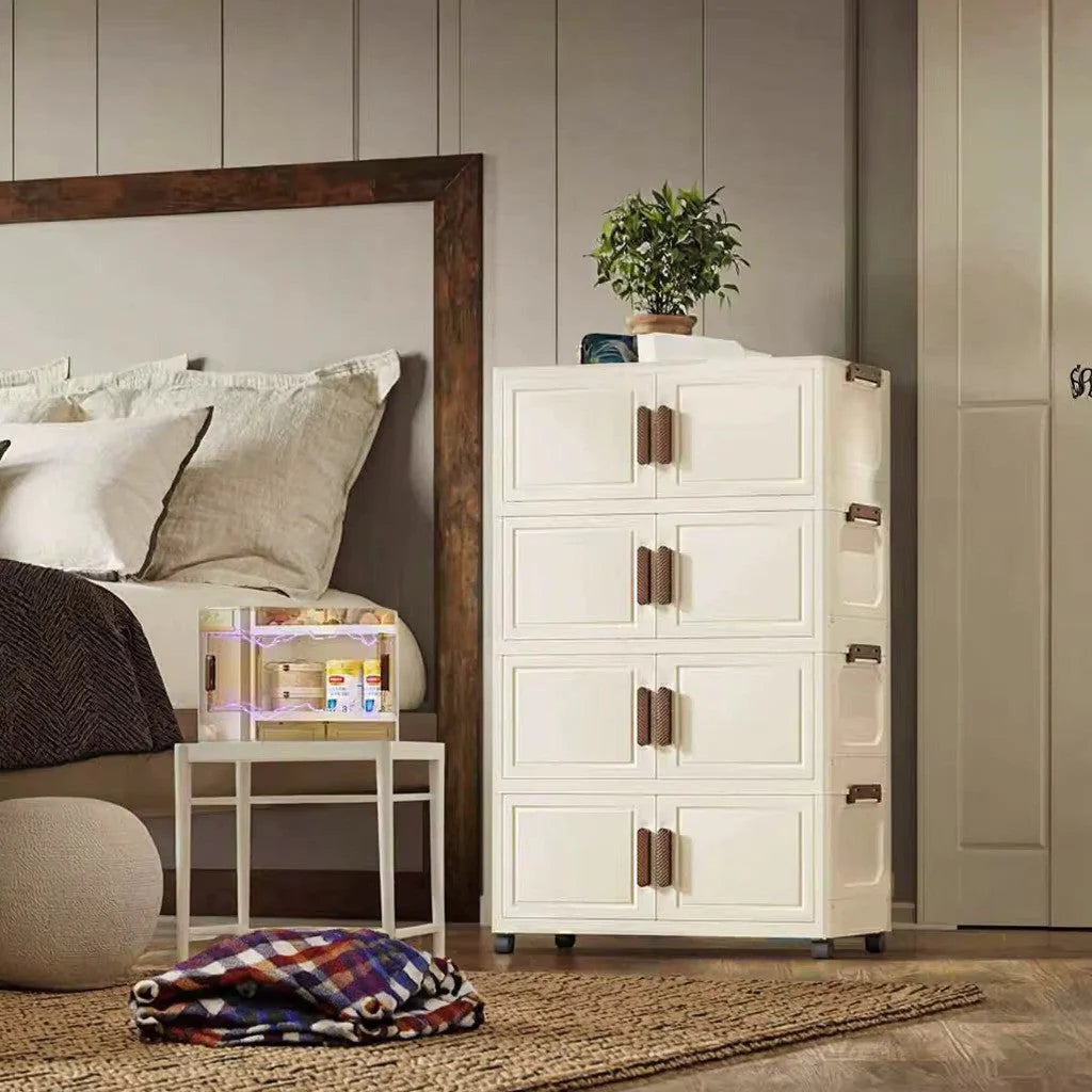 Dulap depozitare pliabil cu usi si roti, organizator multifunctional cu 3, 4 sau 5 rafturi, crem 45 cm