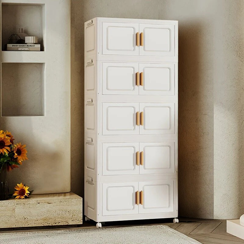 Dulap depozitare pliabil cu usi si roti, organizator multifunctional cu 3, 4 sau 5 rafturi, crem 45 cm