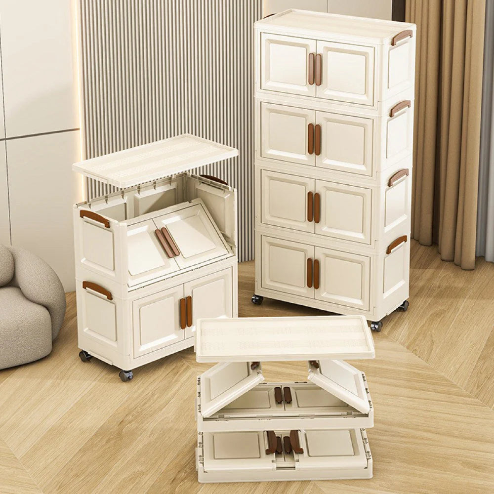 Dulap depozitare pliabil cu usi si roti, organizator multifunctional cu 3, 4 sau 5 rafturi, crem 45 cm