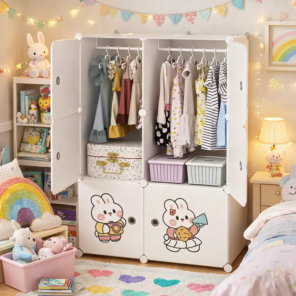 Dulap modular pentru haine copii cu usi si bara pentru umerase, organizator depozitare, model iepuras, alb 75 x 47 x 111 cm