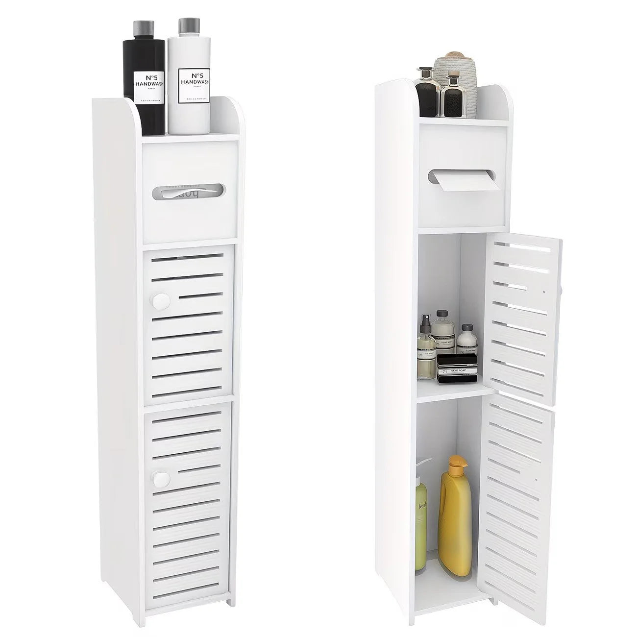 Dulap slim pentru baie cu suport hartie si 3 polite depozitare, alb, 80 cm x 17 cm x 15 cm