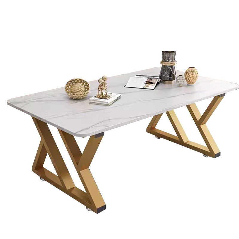Măsuță de cafea living, blat aspect marmură albă și picioare aurii, 120x60 cm