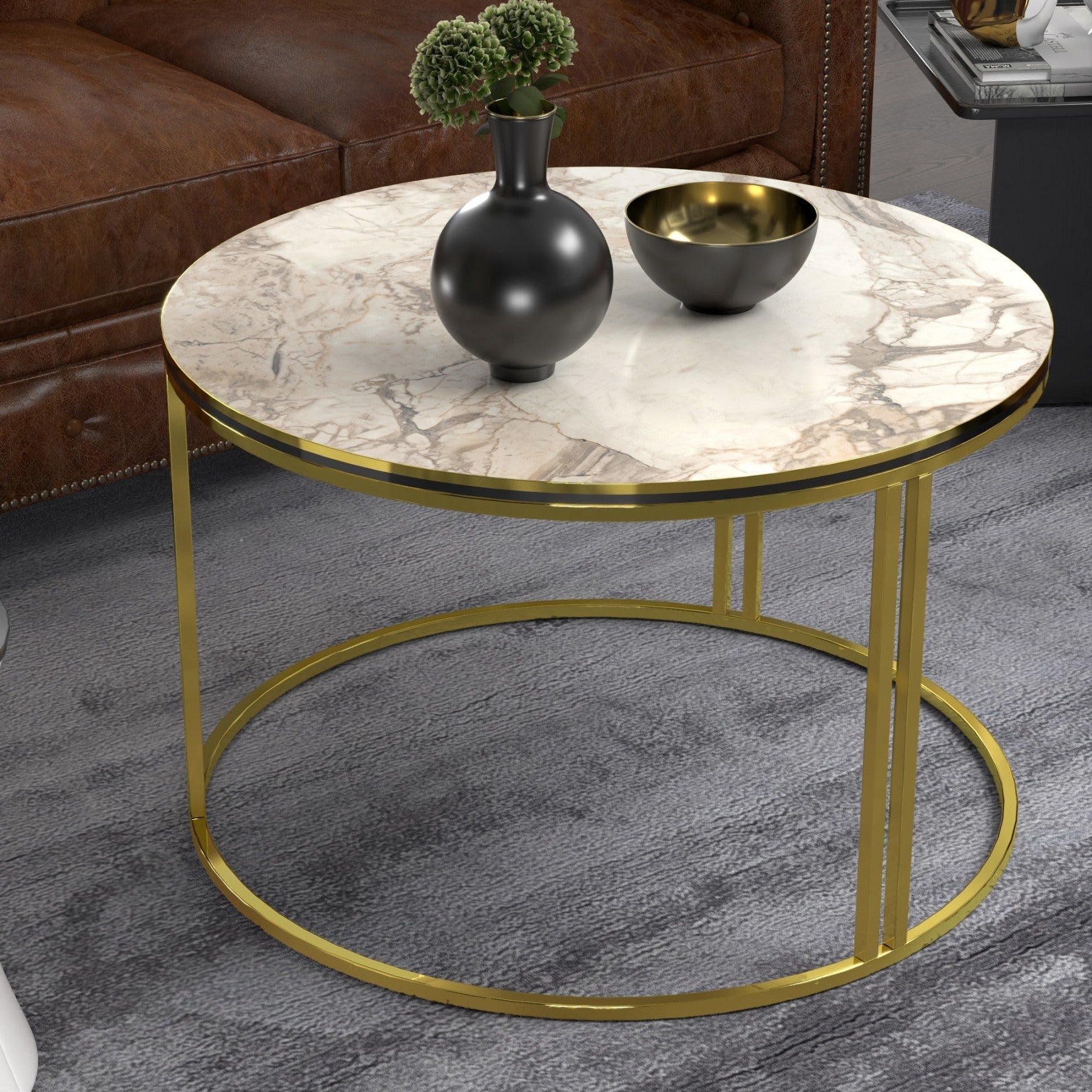 Masă Cafea Rotundă | Design Marmură Albă & Cadru Auriu | Blat PAL | Cadru Metalic | 50 x 80 cm | Stil Glam Modern