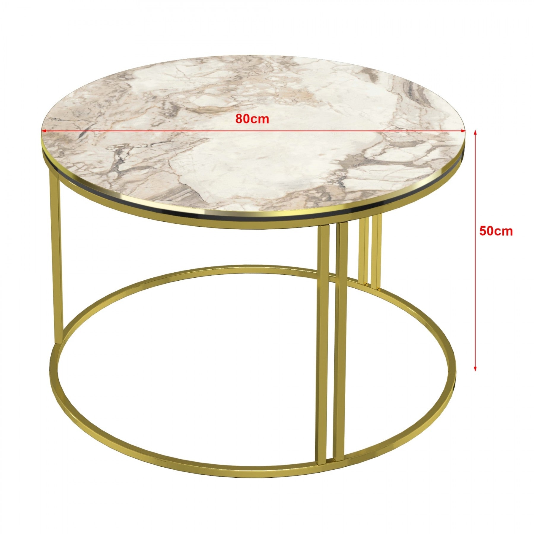 Masă Cafea Rotundă | Design Marmură Albă & Cadru Auriu | Blat PAL | Cadru Metalic | 50 x 80 cm | Stil Glam Modern