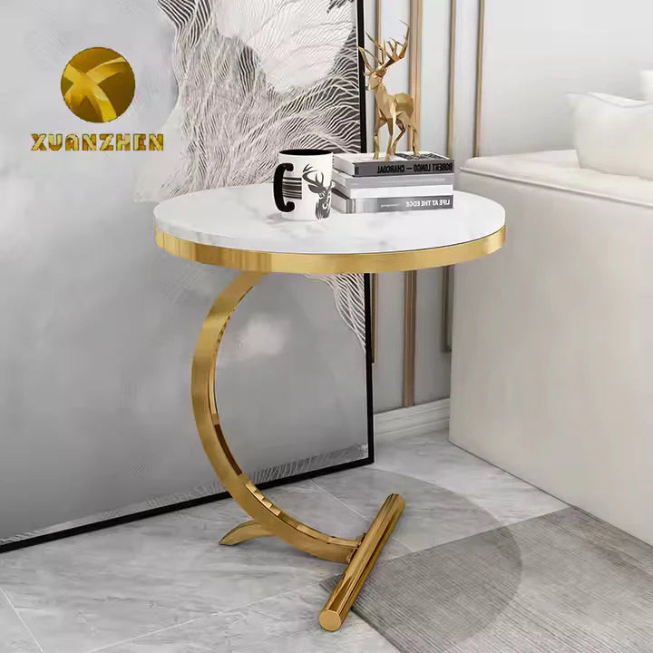 Masa laterala rotunda din otel inoxidabil auriu – stil nordic, model marmura alba 50 x60 cm