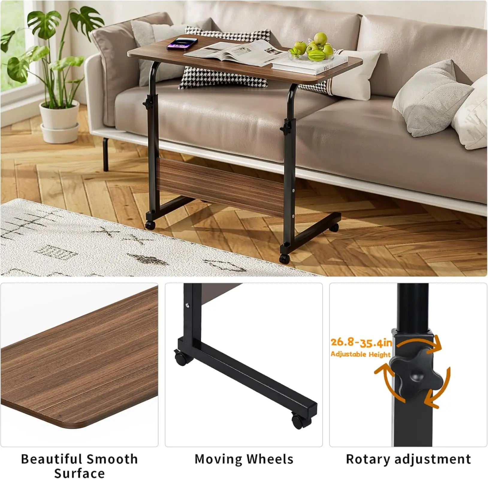 Masuta Laptop Reglabila cu Roti pentru Canapea si Pat, Blat Lemn, Cadru Metalic, Inaltime Ajustabila 63–80 cm