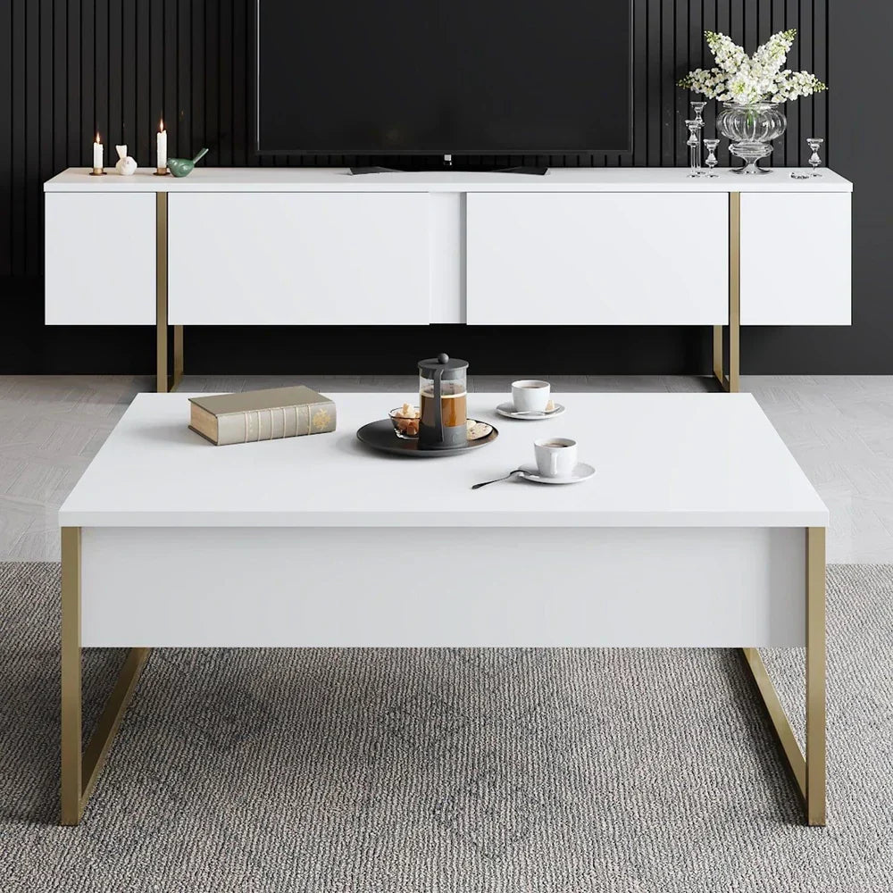 Masuta cafea alba premium cu picioare aurii metalice 90x60 cm design elegant
