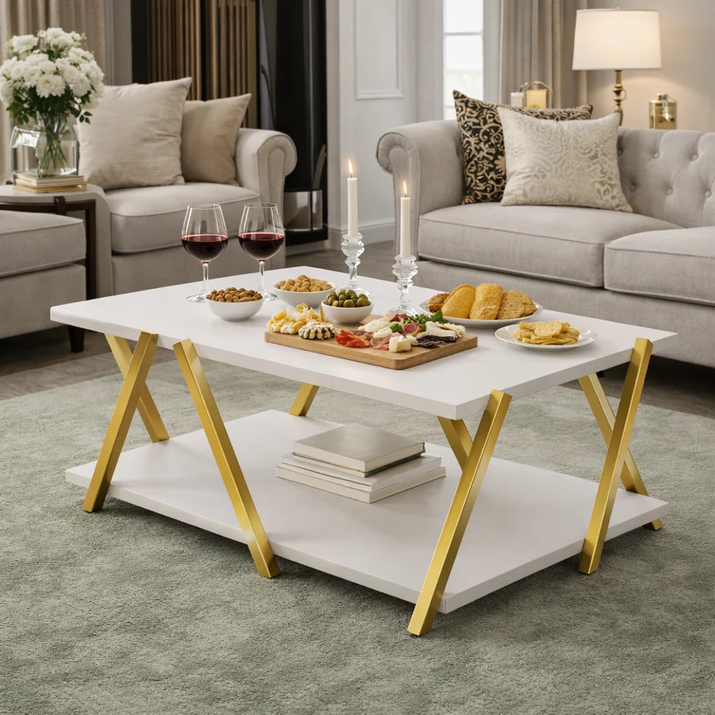 Masuta cafea moderna alba cu picioare metalice aurii 93.5x63.5x41 cm cu polita depozitare
