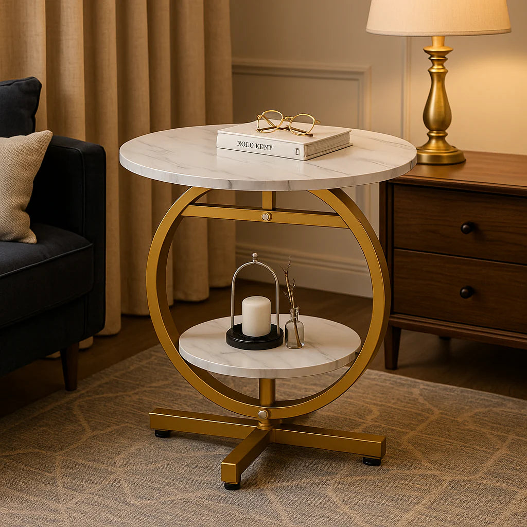 Masuta pentru cafea, rotunda, cu 2 nivele, design modern tip marmura