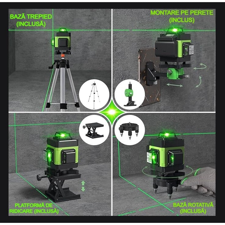 Nivela laser 4D cu 16 linii, autonivelare, telecomanda, lumina verde, platforma de ridicare, Trepied