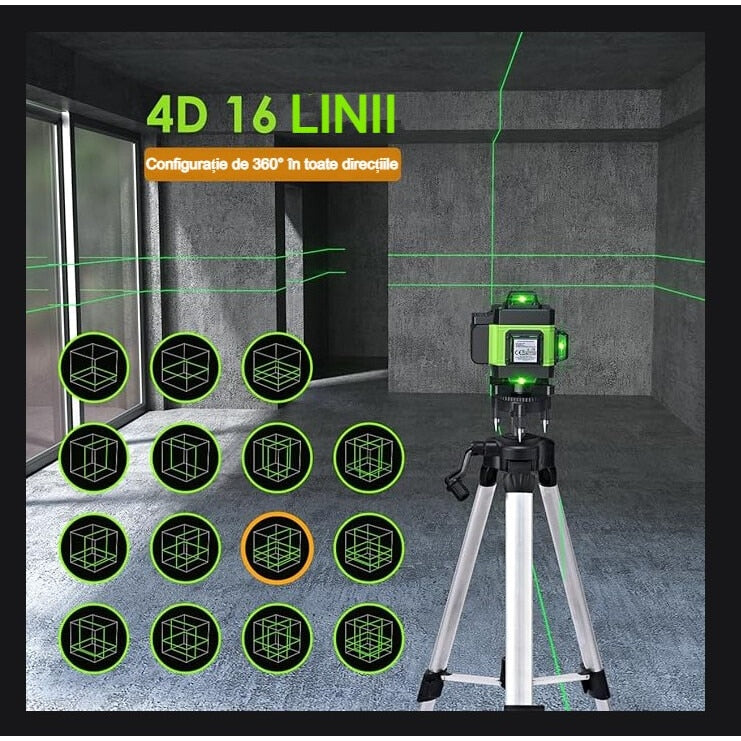 Nivela laser 4D cu 16 linii, autonivelare, telecomanda, lumina verde, platforma de ridicare, Trepied
