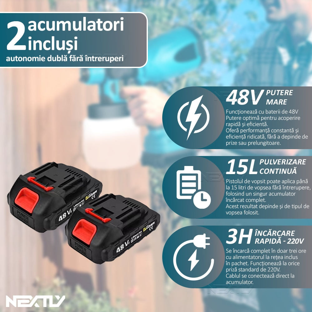 Pistol Electric de vopsea cu 2 acumulatori de 48v, 1000ml - 3 moduri de pulverizare, ideal pentru tavane, pereti si garduri, albastru