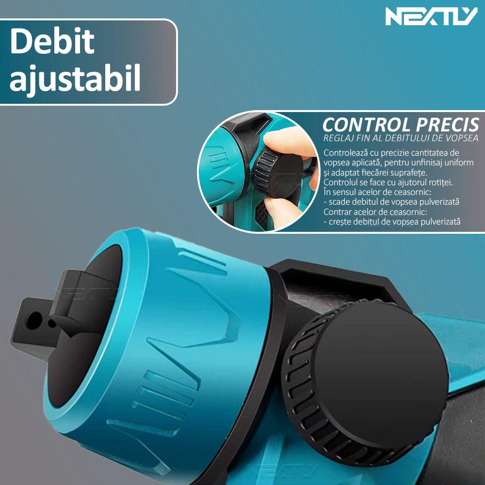 Pistol Electric de vopsea cu 2 acumulatori de 48v, 1000ml - 3 moduri de pulverizare, ideal pentru tavane, pereti si garduri, albastru