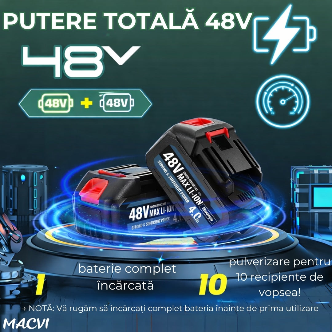 Pistol Electric de vopsea cu 2 acumulatori de 48v, 1000ml - 3 moduri de pulverizare, ideal pentru tavane, pereti si garduri, albastru